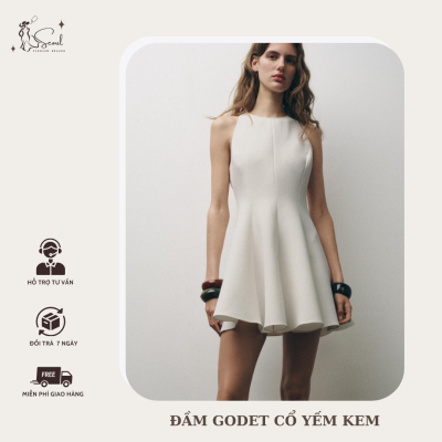 đầm godet cổ yếm kem