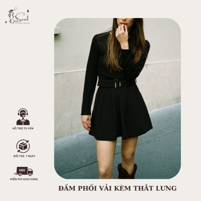 Đầm phối vải kèm thắt lưng